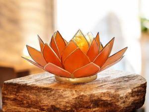 Bougeoir fleur de lotus orange et or