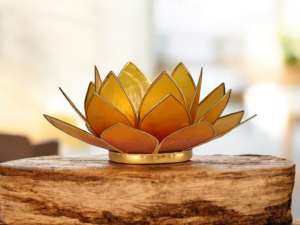 Bougeoir Fleur de Lotus jaune-orangé et or