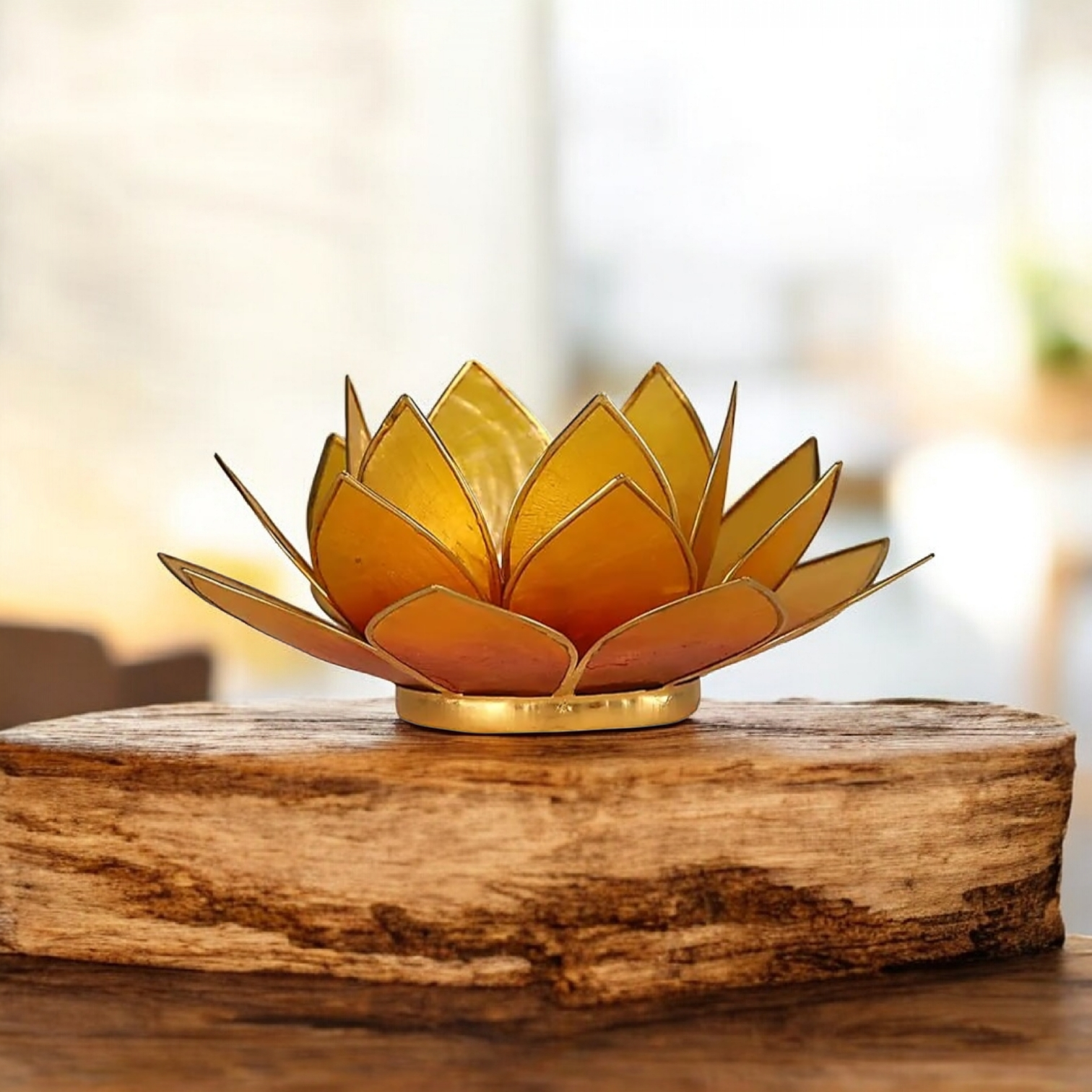 Bougeoir Fleur de Lotus jaune-orangé et or