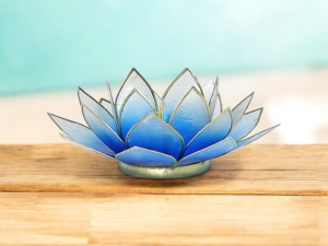 Bougeoir Fleur de Lotus bleu/blanc-doré
