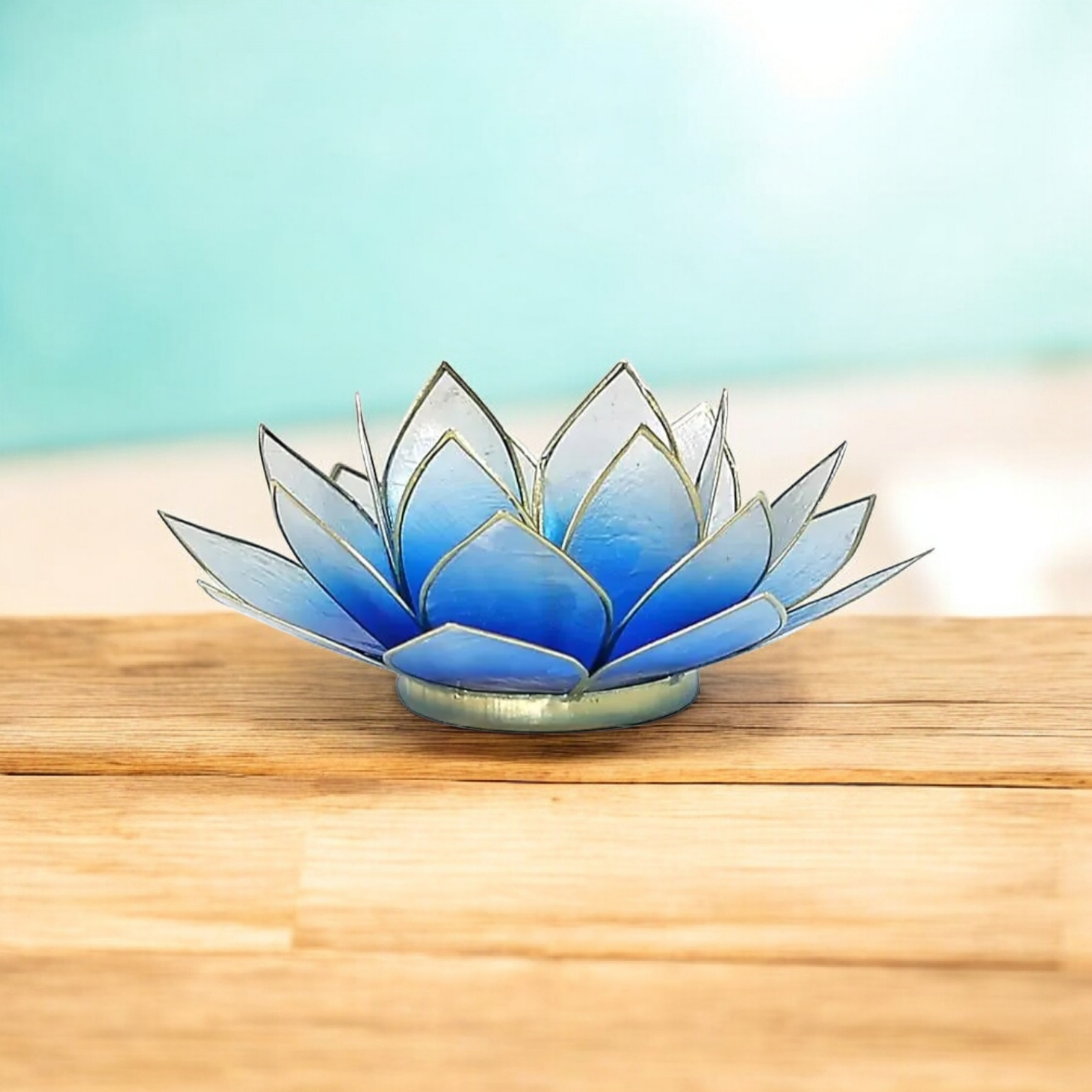 Bougeoir Fleur de Lotus bleu/blanc-doré