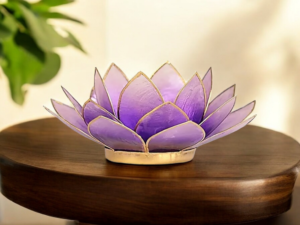 Bougeoir fleur de lotus violet clair et or