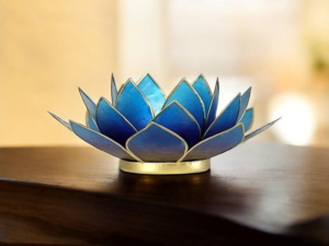 Bougeoir fleur de lotus bleu-violet et or