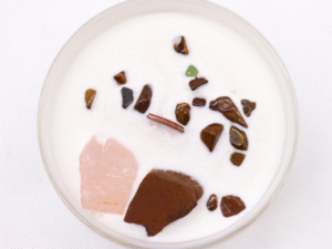 Bougie Chakra Sacré – Quartz Rose & Œil de Tigre